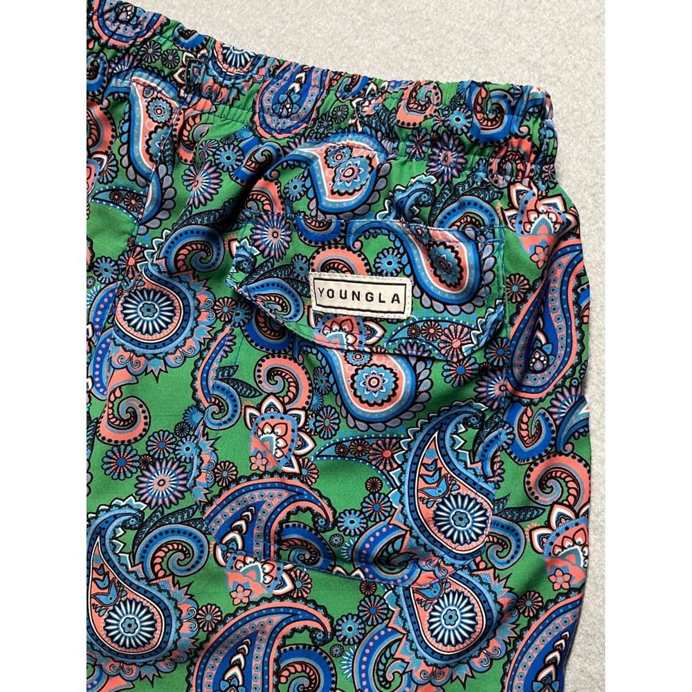 YoungLA‎ Paisley Mesh Lined Shorts Mens Small Green Blue Pink Zip Pocket Gym
